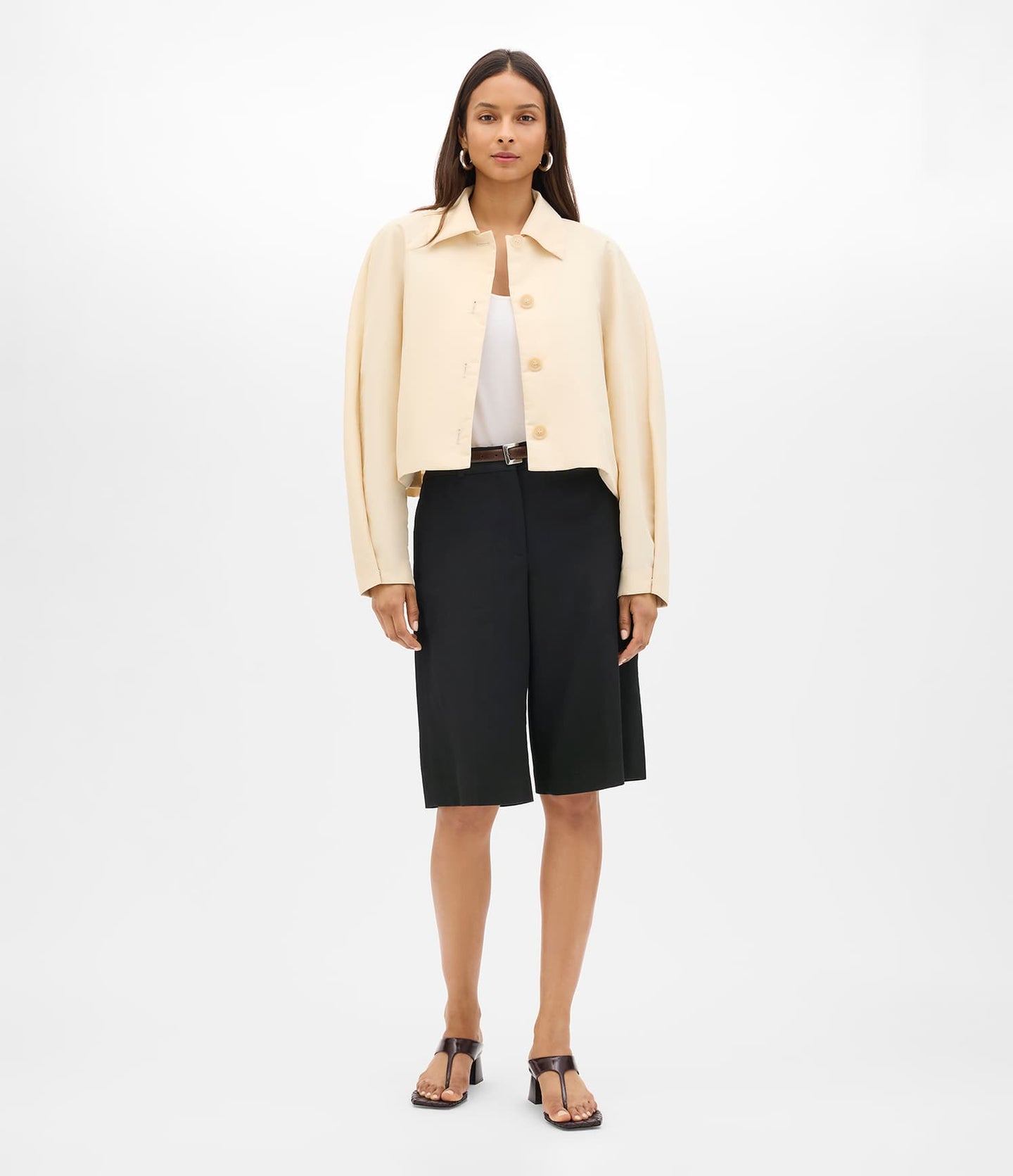 Another Tomorrow Short Balmacaan in Sand – Nylon Women's Outerwear