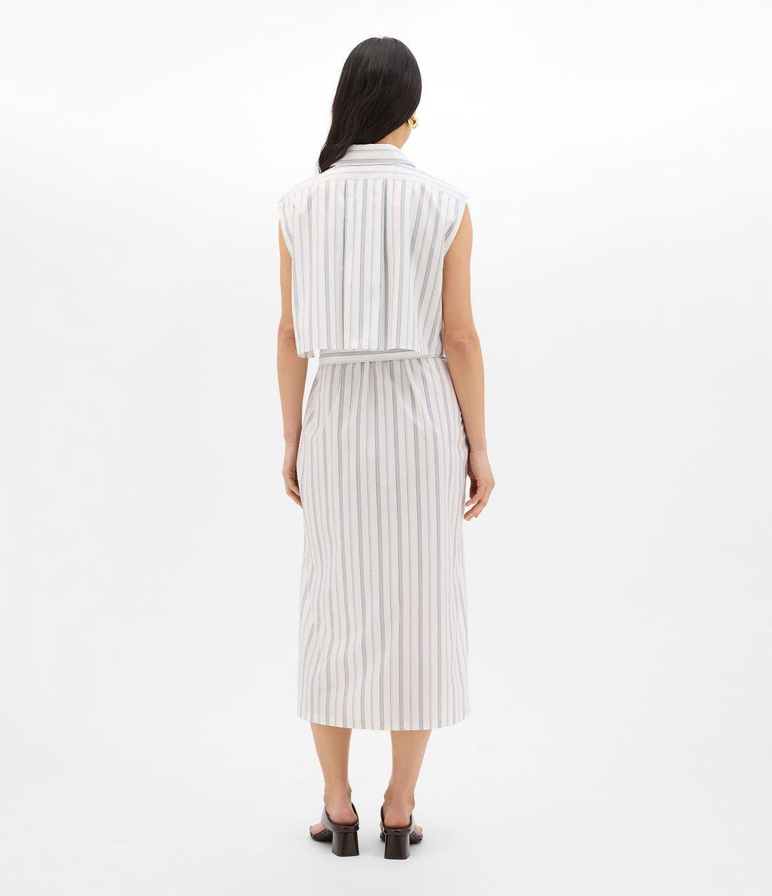 Another Tomorrow Sleeveless Pleat Back Tie Dress in White/Navy Stripe – Cotton Women's Dress