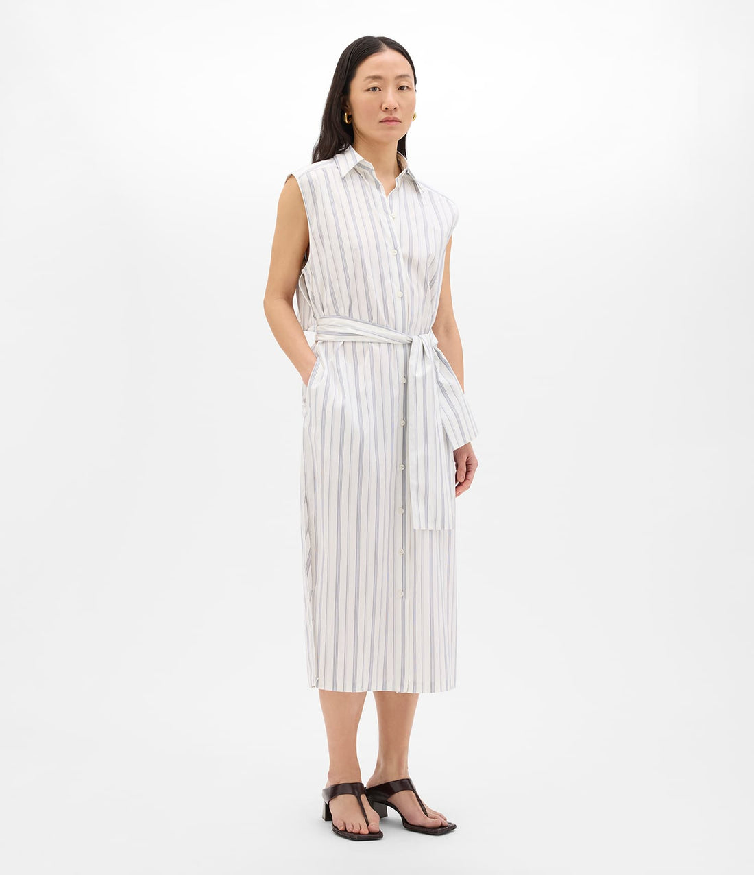 Another Tomorrow Sleeveless Pleat Back Tie Dress in White/Navy Stripe – Cotton Women's Dress