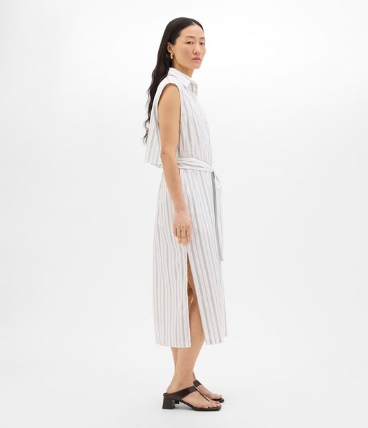 Another Tomorrow Sleeveless Pleat Back Tie Dress in White/Navy Stripe – Cotton Women's Dress