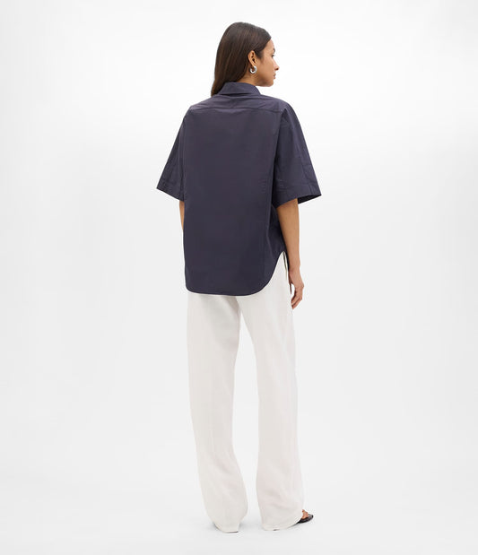 Another Tomorrow Poplin Short Sleeve Shirt in Midnight – Cotton Women's Trousers