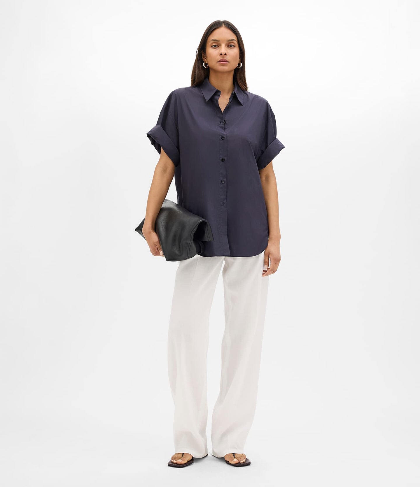 Another Tomorrow Poplin Short Sleeve Shirt in Midnight – Cotton Women's Trousers
