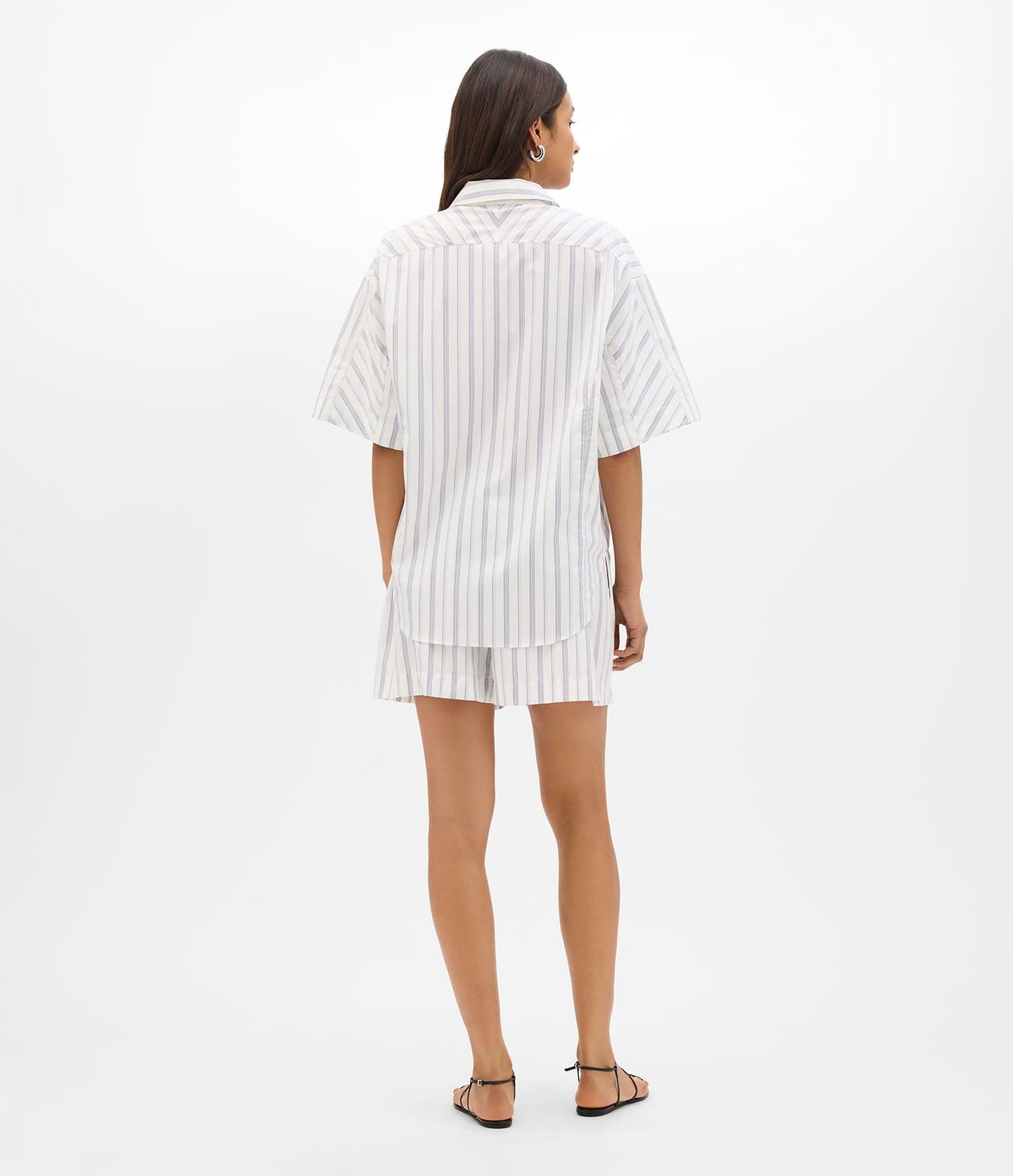 Another Tomorrow Short Sleeve Shirt in White/Navy Stripe – Cotton Women's Trousers