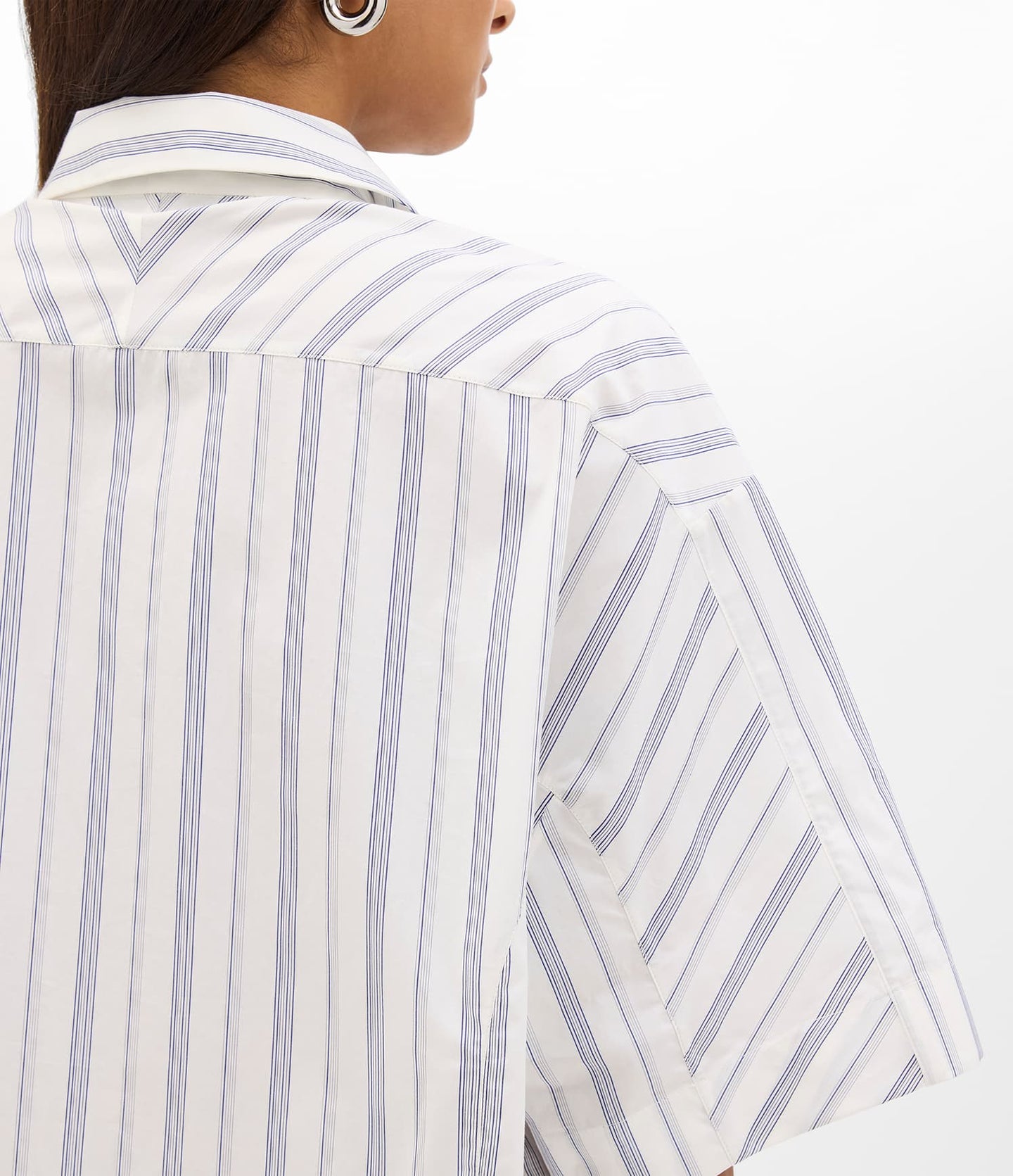 Another Tomorrow Short Sleeve Shirt in White/Navy Stripe – Cotton Women's Trousers