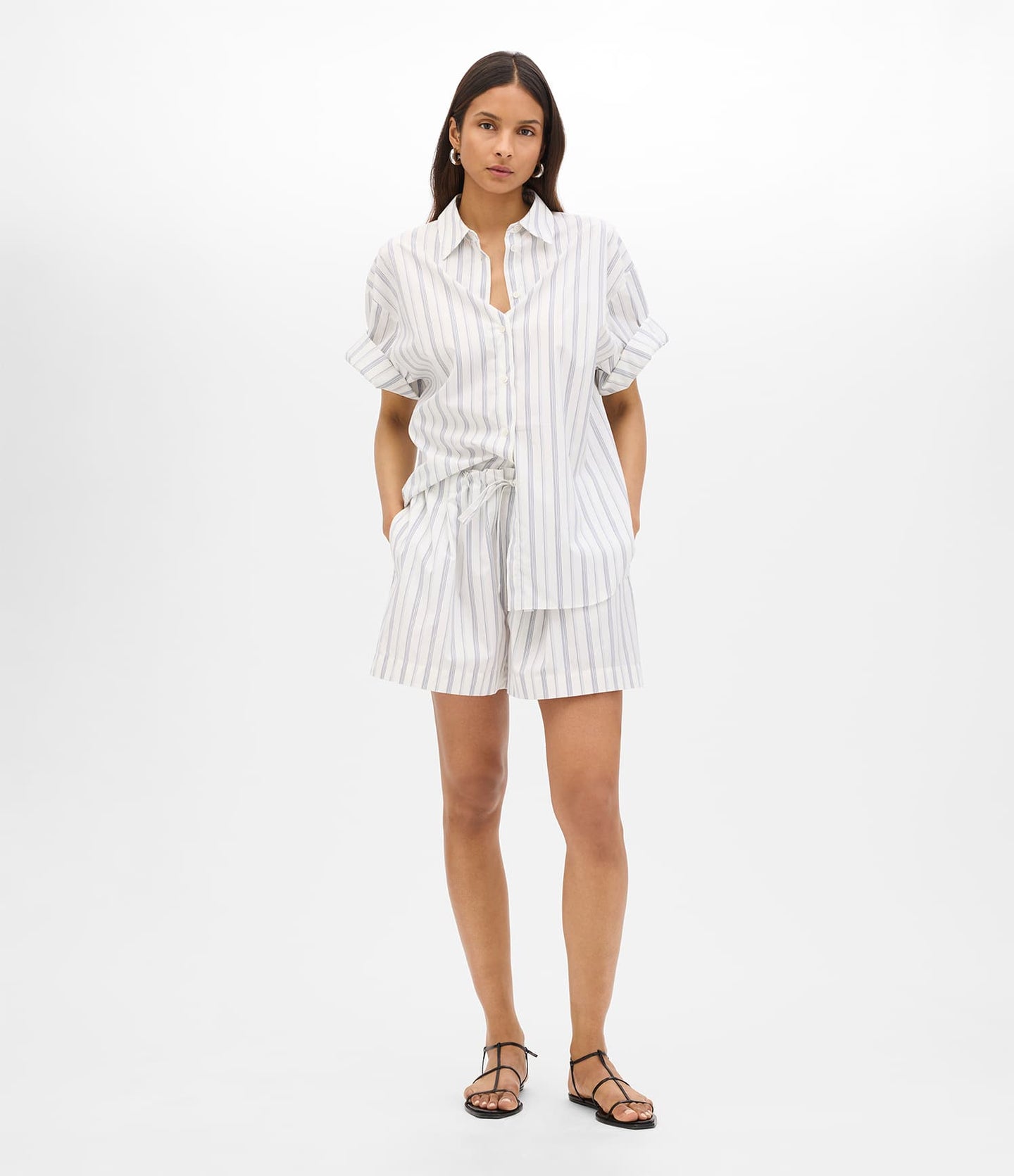 Another Tomorrow Short Sleeve Shirt in White/Navy Stripe – Cotton Women's Trousers