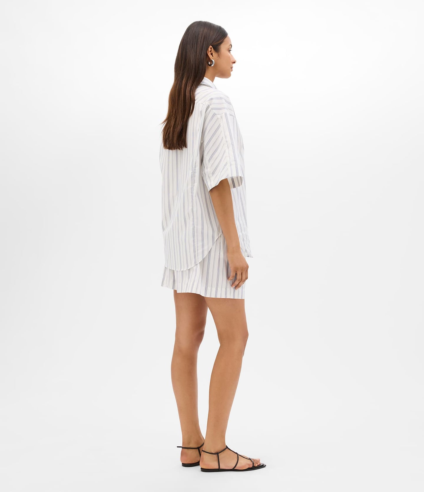 Another Tomorrow Short Sleeve Shirt in White/Navy Stripe – Cotton Women's Trousers