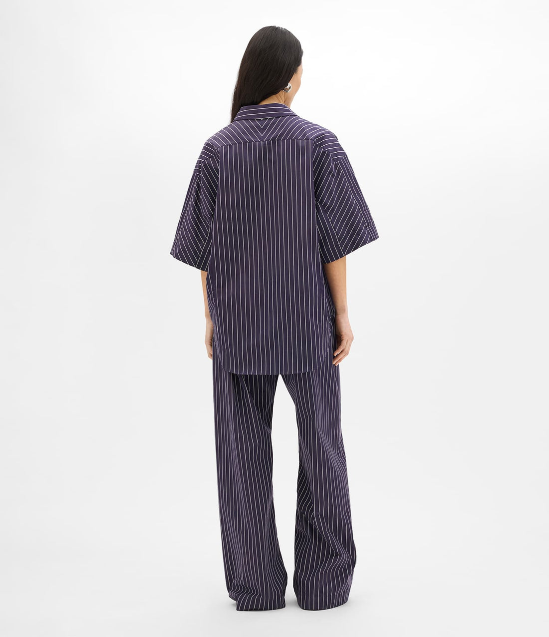 Another Tomorrow Short Sleeve Shirt in Navy/White Stripe – Cotton Women's Trousers