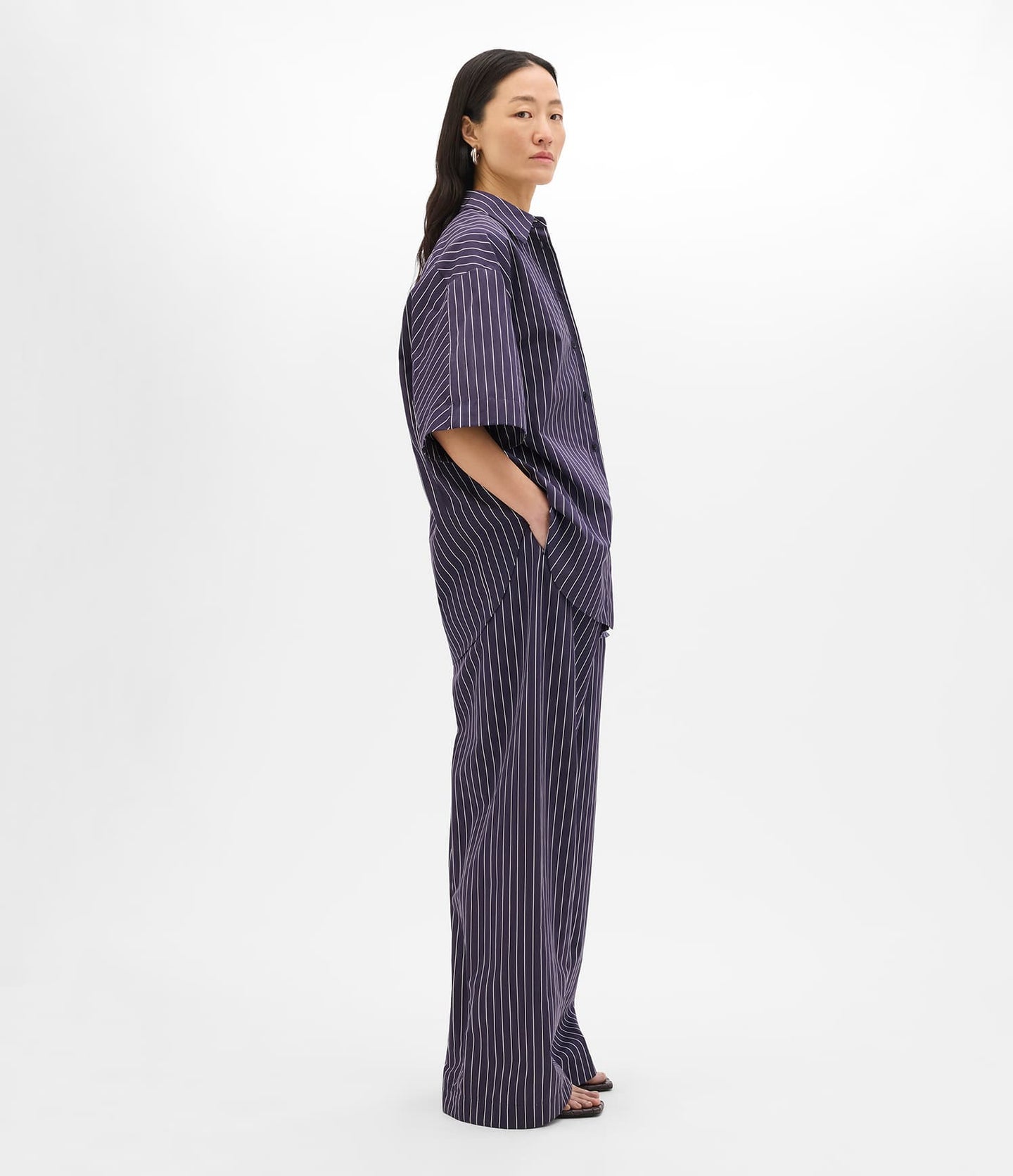 Another Tomorrow Short Sleeve Shirt in Navy/White Stripe – Cotton Women's Trousers