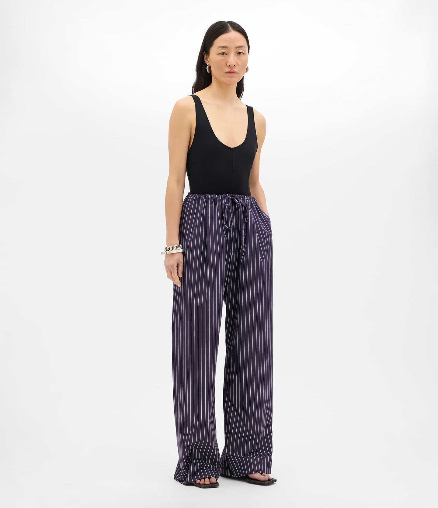 Another Tomorrow Drawcord Pant in Navy/White Stripe – Cotton Women's Trousers