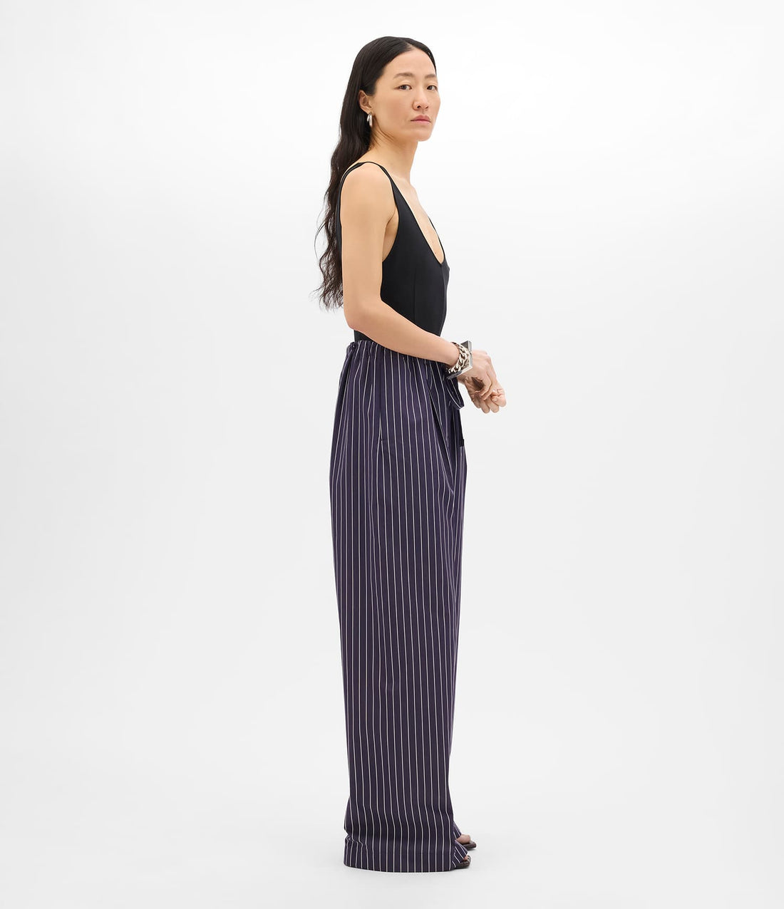 Another Tomorrow Drawcord Pant in Navy/White Stripe – Cotton Women's Trousers