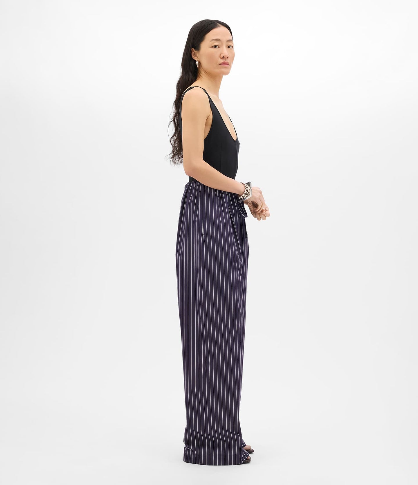 Another Tomorrow Drawcord Pant in Navy/White Stripe – Cotton Women's Trousers