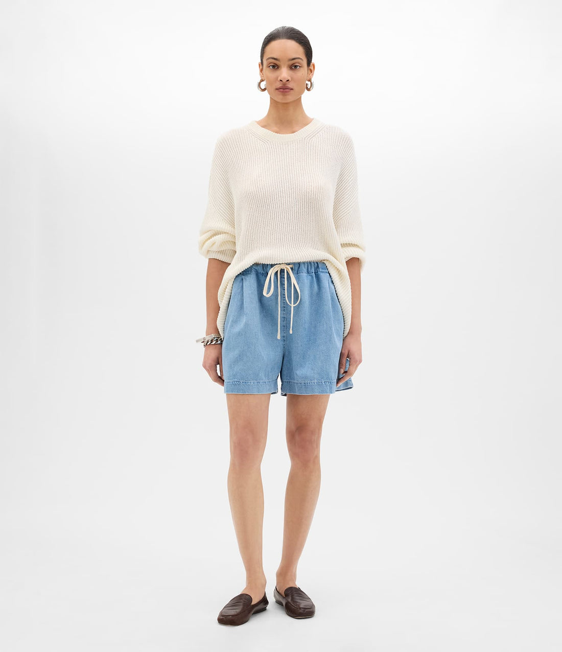Another Tomorrow Chambray Drawcord Short in Light Blue Wash – Denim Women's Trousers