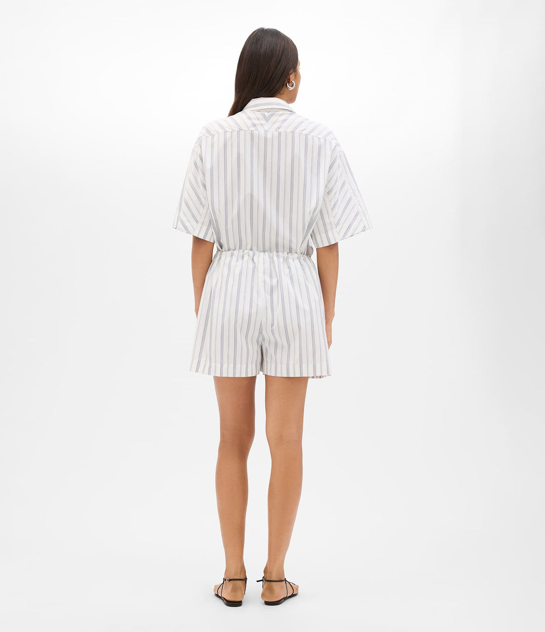 Another Tomorrow Drawcord Short in White/Navy Stripe – Cotton Women's Trousers