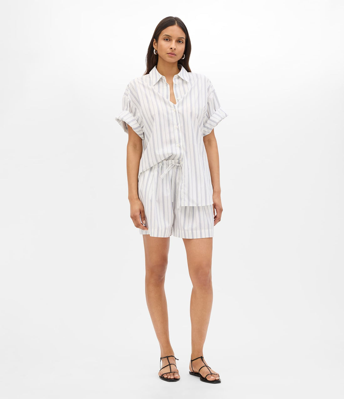 Another Tomorrow Drawcord Short in White/Navy Stripe – Cotton Women's Trousers