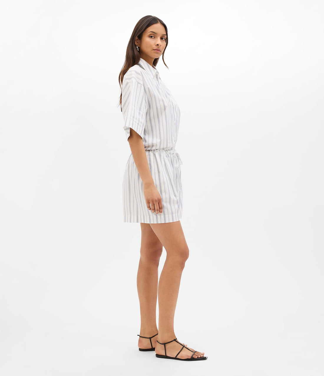 Another Tomorrow Drawcord Short in White/Navy Stripe – Cotton Women's Trousers