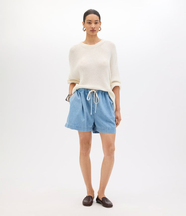 Another Tomorrow Draped Crew Knit in Off White – Cotton Women's Knitwear