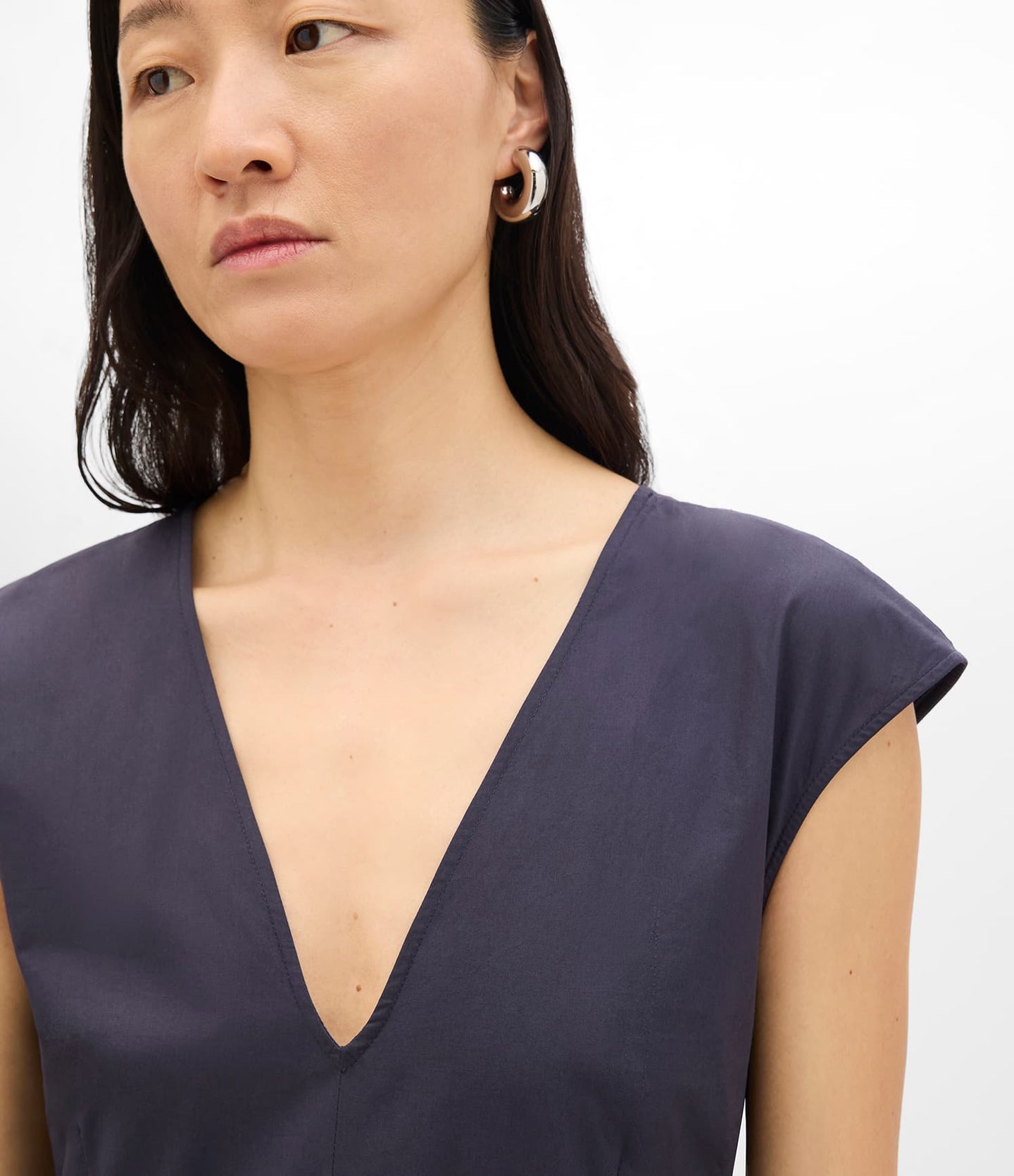 Another Tomorrow V Neck Day Dress in Midnight – Cotton Women's Dress