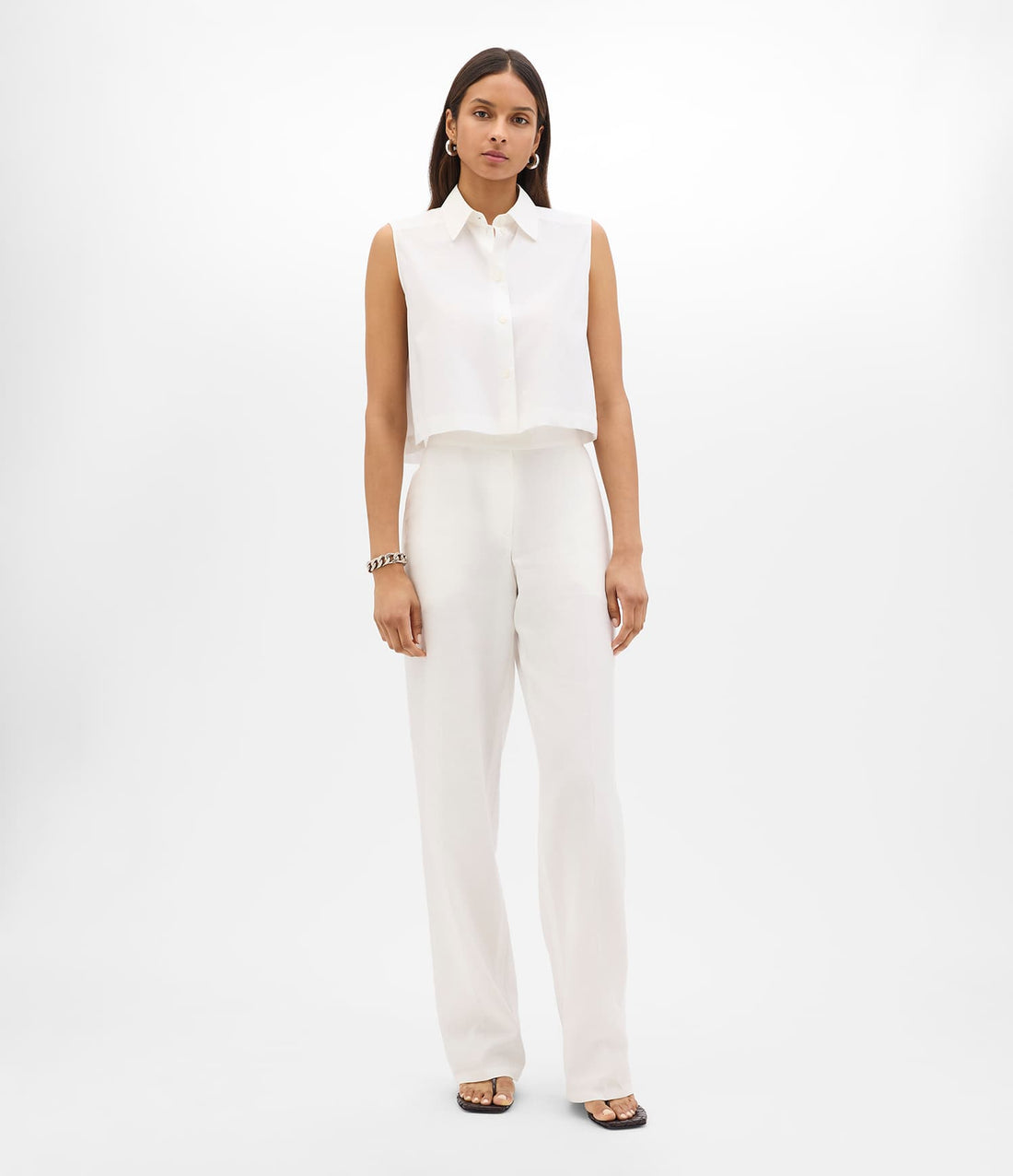 Another Tomorrow Cropped Sleeveless Shirt in White – Cotton Women's Top