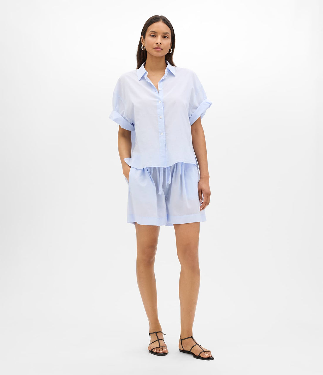 Another Tomorrow Voile Short Sleeve Shirt in Sky – Cotton Women's Trousers