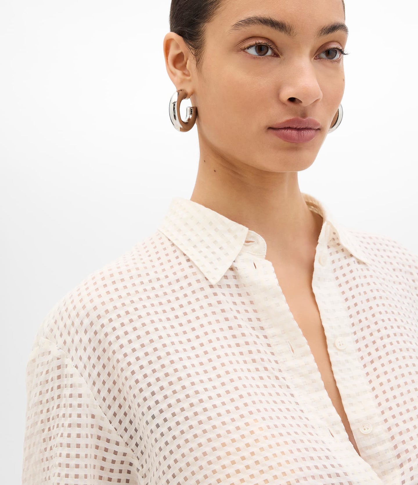 Another Tomorrow Gingham Blouse in Off White – Cotton Women's Top