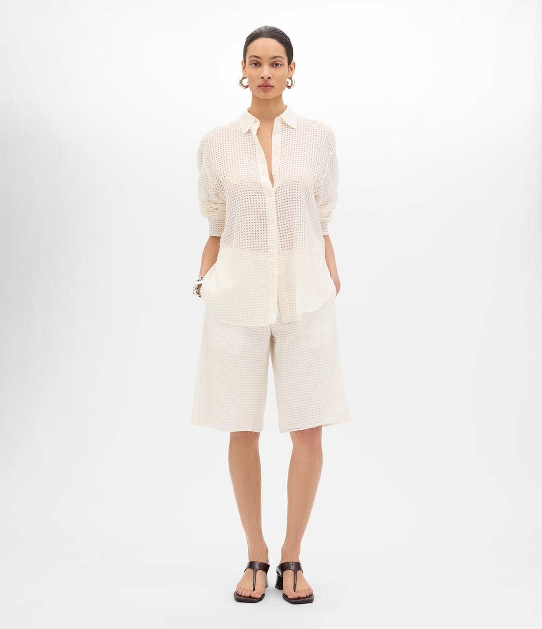 Another Tomorrow Gingham Blouse in Off White – Cotton Women's Top