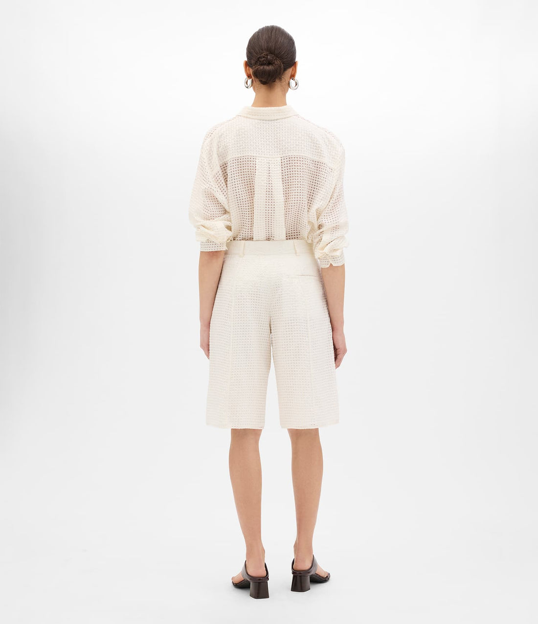 Another Tomorrow Gingham Bermuda Pant in Off White – Cotton Women's Trousers