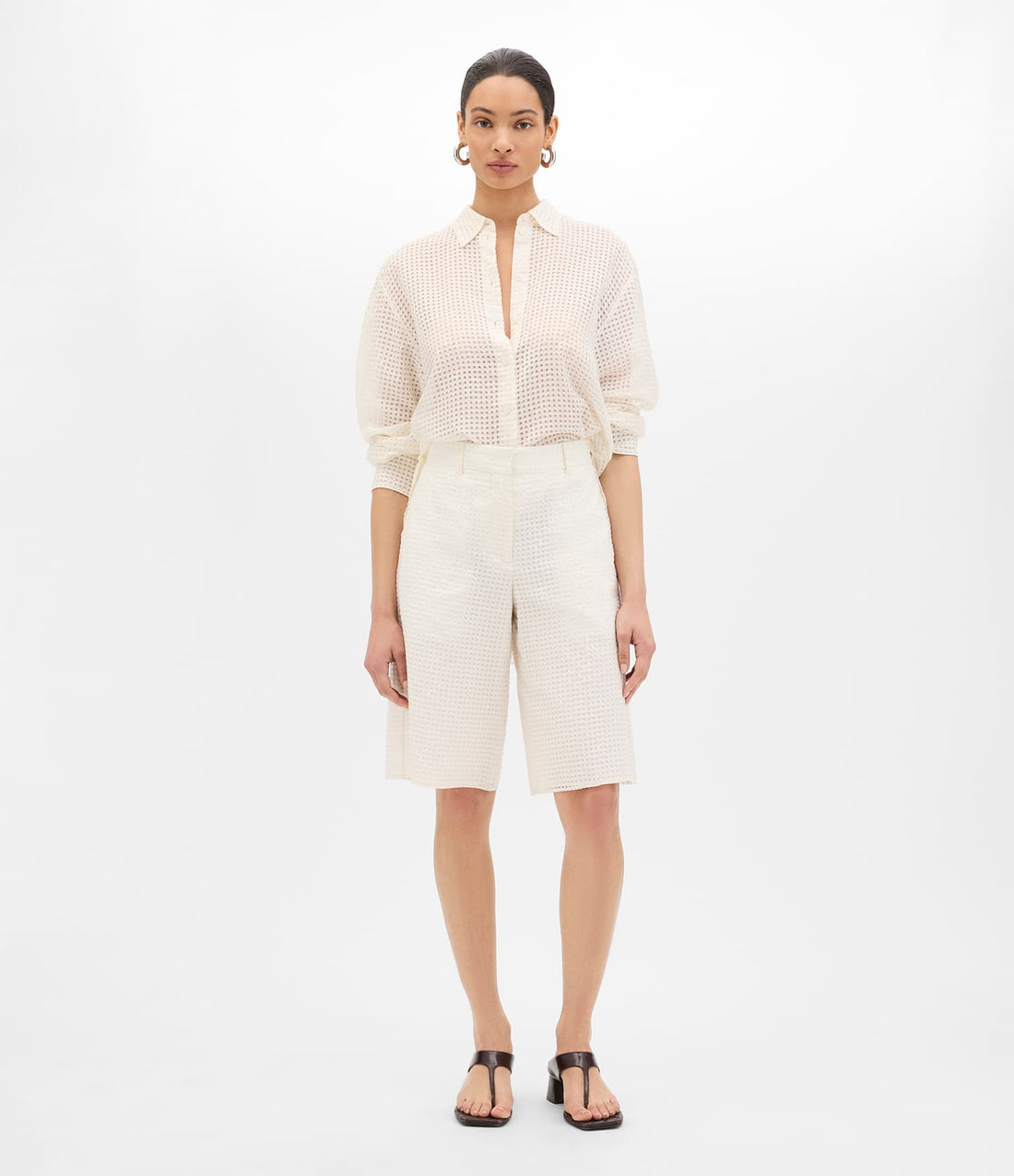 Another Tomorrow Gingham Bermuda Pant in Off White – Cotton Women's Trousers