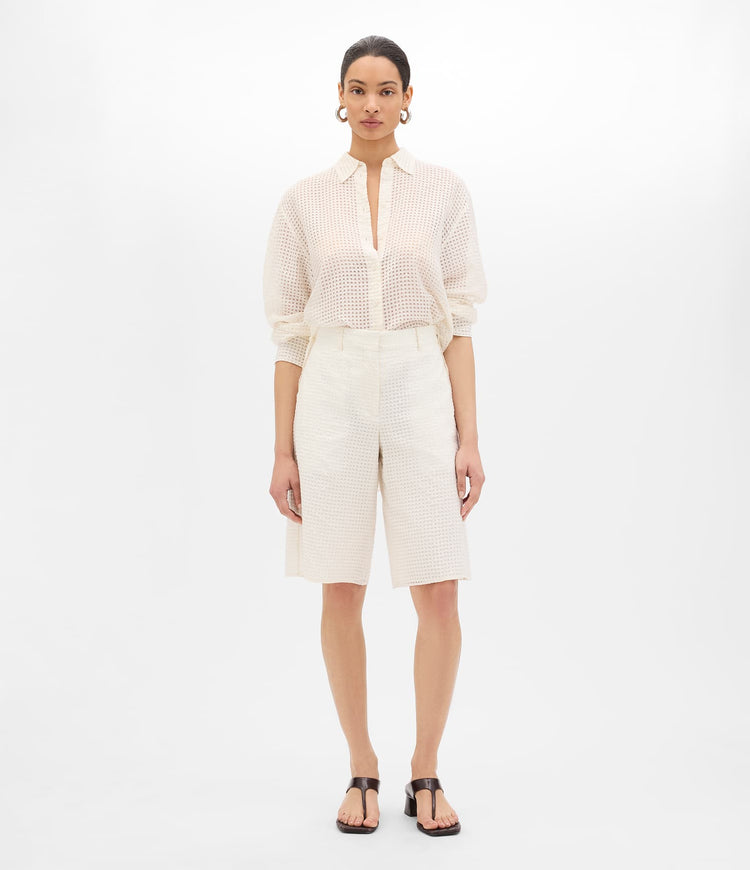 Another Tomorrow Gingham Bermuda Pant in Off White – Cotton Women's Trousers