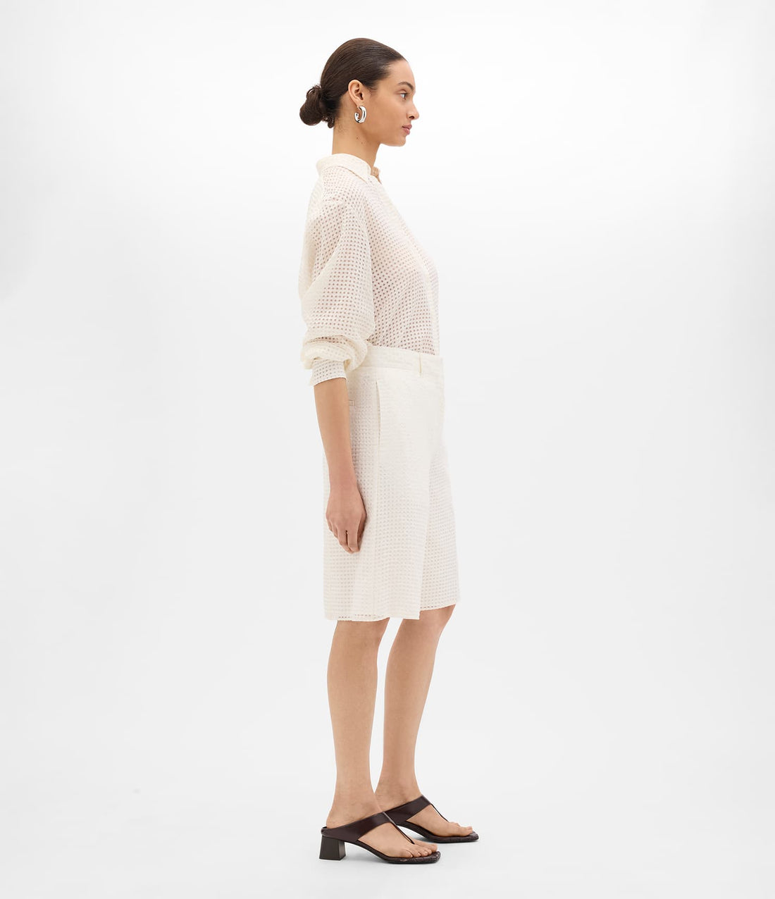 Another Tomorrow Gingham Bermuda Pant in Off White – Cotton Women's Trousers