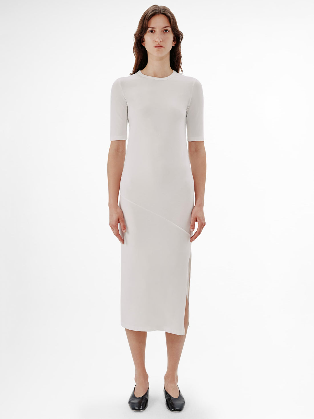 Another Tomorrow Elbow Sleeve Dress in White – Cotton Women's Dress