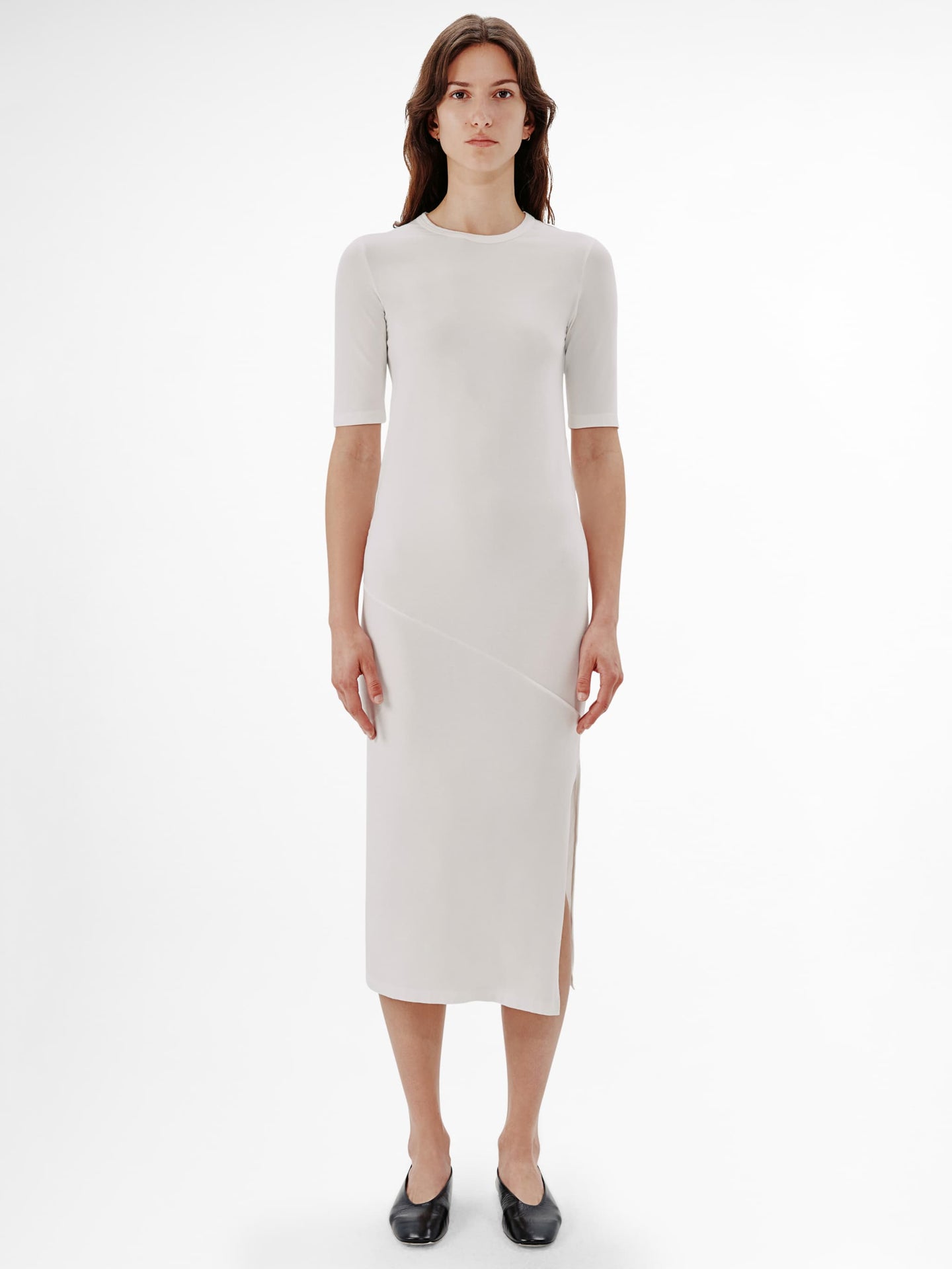 Another Tomorrow Elbow Sleeve Dress in White – Cotton Women's Dress