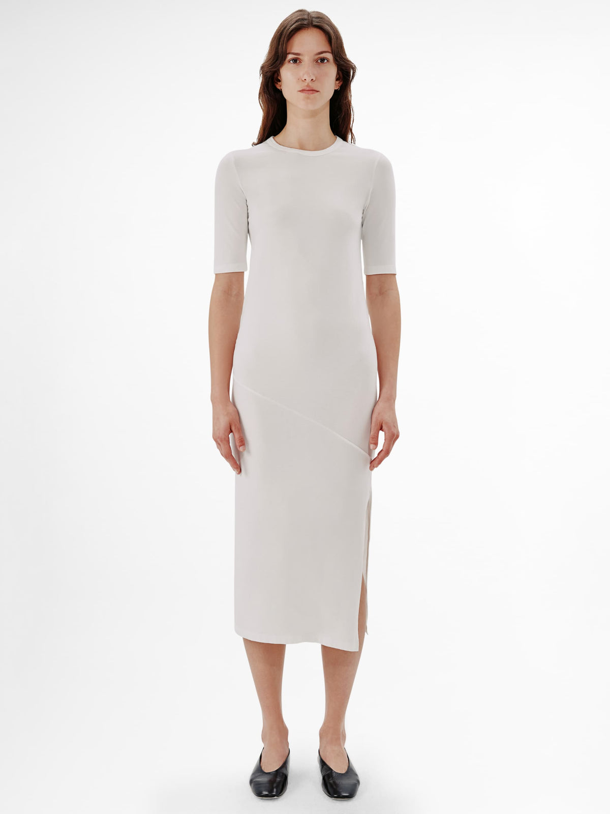Another Tomorrow Elbow Sleeve Dress in White – Cotton Women's Dress