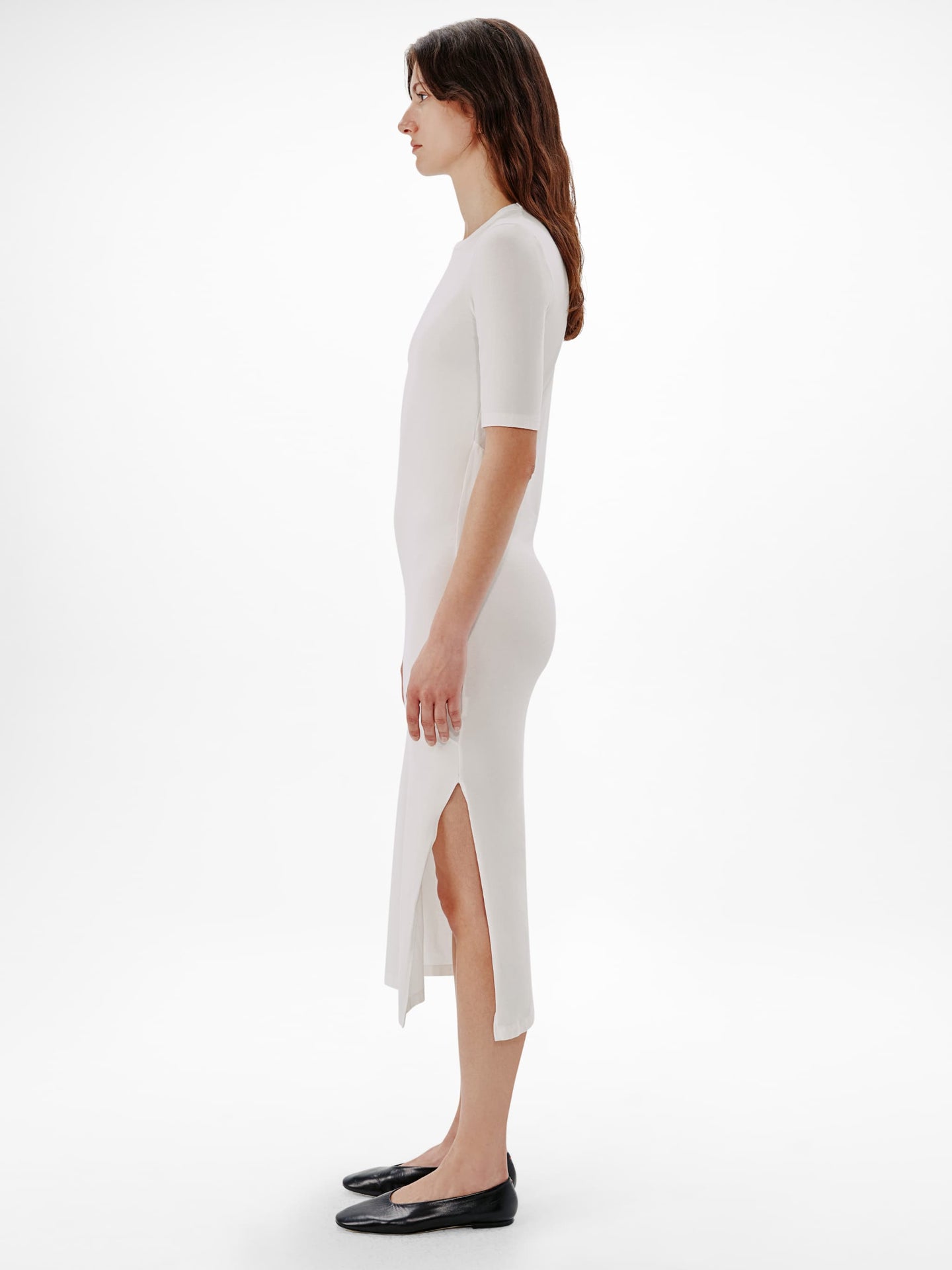 Another Tomorrow Elbow Sleeve Dress in White – Cotton Women's Dress