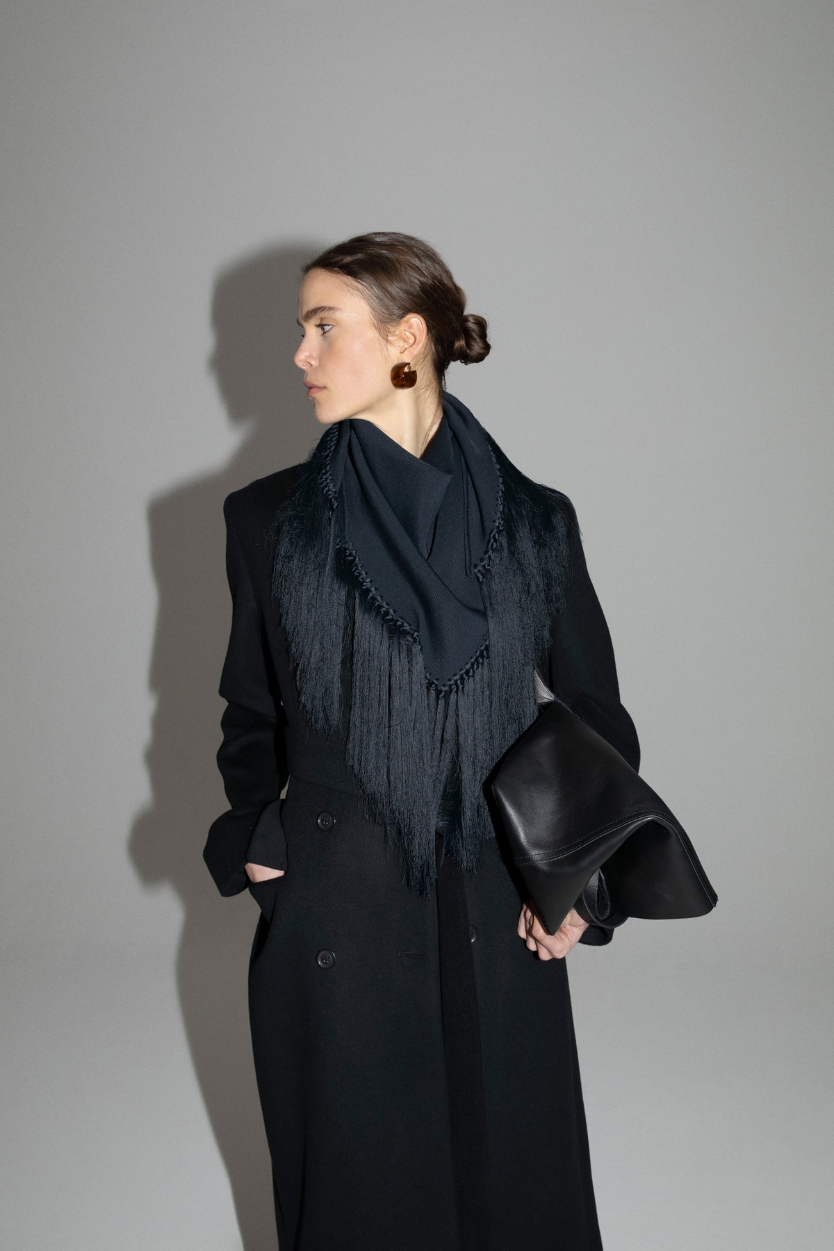 Another Tomorrow Fringe Scarf Neck Shell in Black – Viscose Women's Top