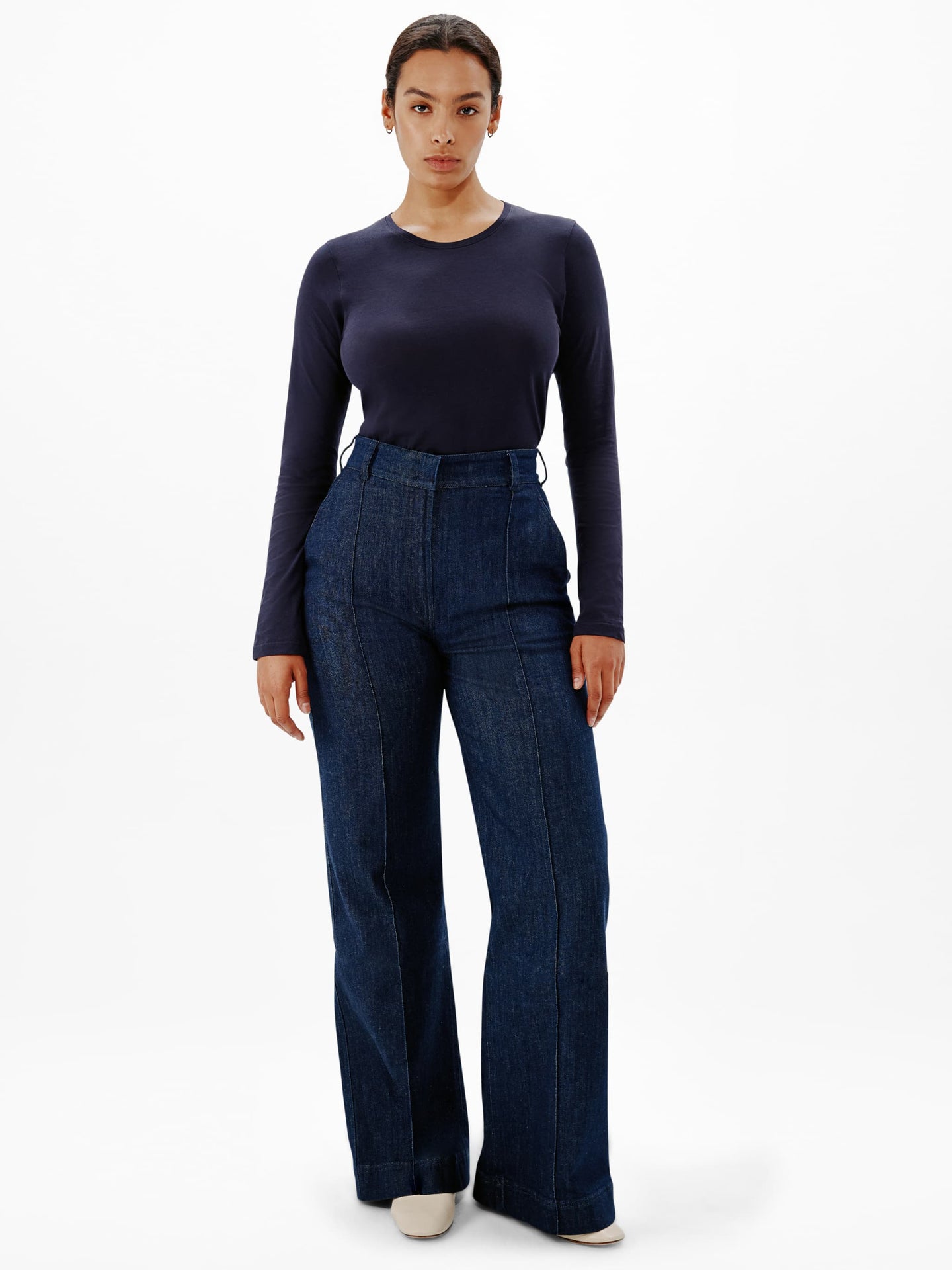 Another Tomorrow Long Sleeve T-Shirt in Navy – Cotton Women's Top