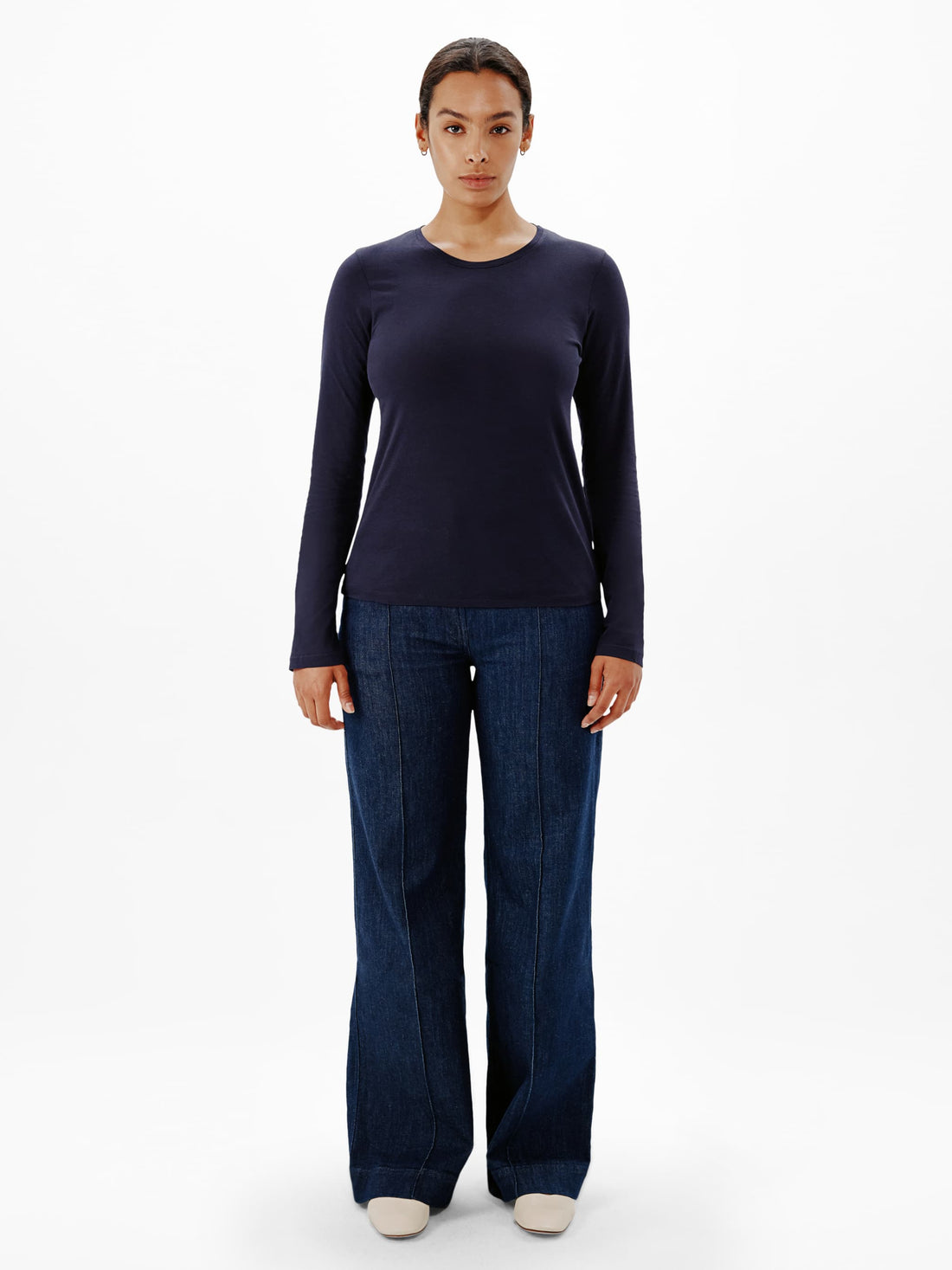 Another Tomorrow Long Sleeve T-Shirt in Navy – Cotton Women's Top