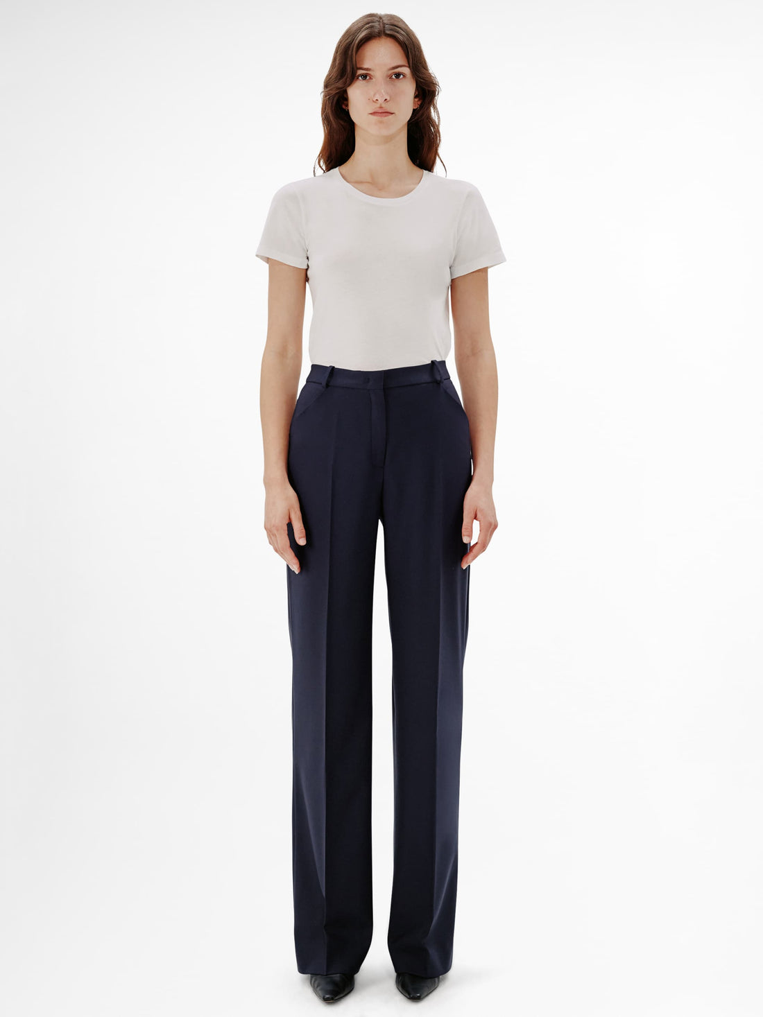 Another Tomorrow Slight Flare Trouser in Navy – Wool Women's Trousers