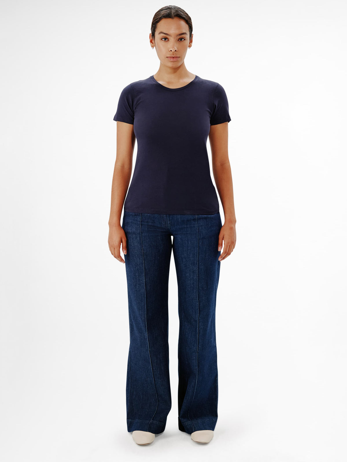 Another Tomorrow Crew Neck T-Shirt in Navy – Cotton Women's Top