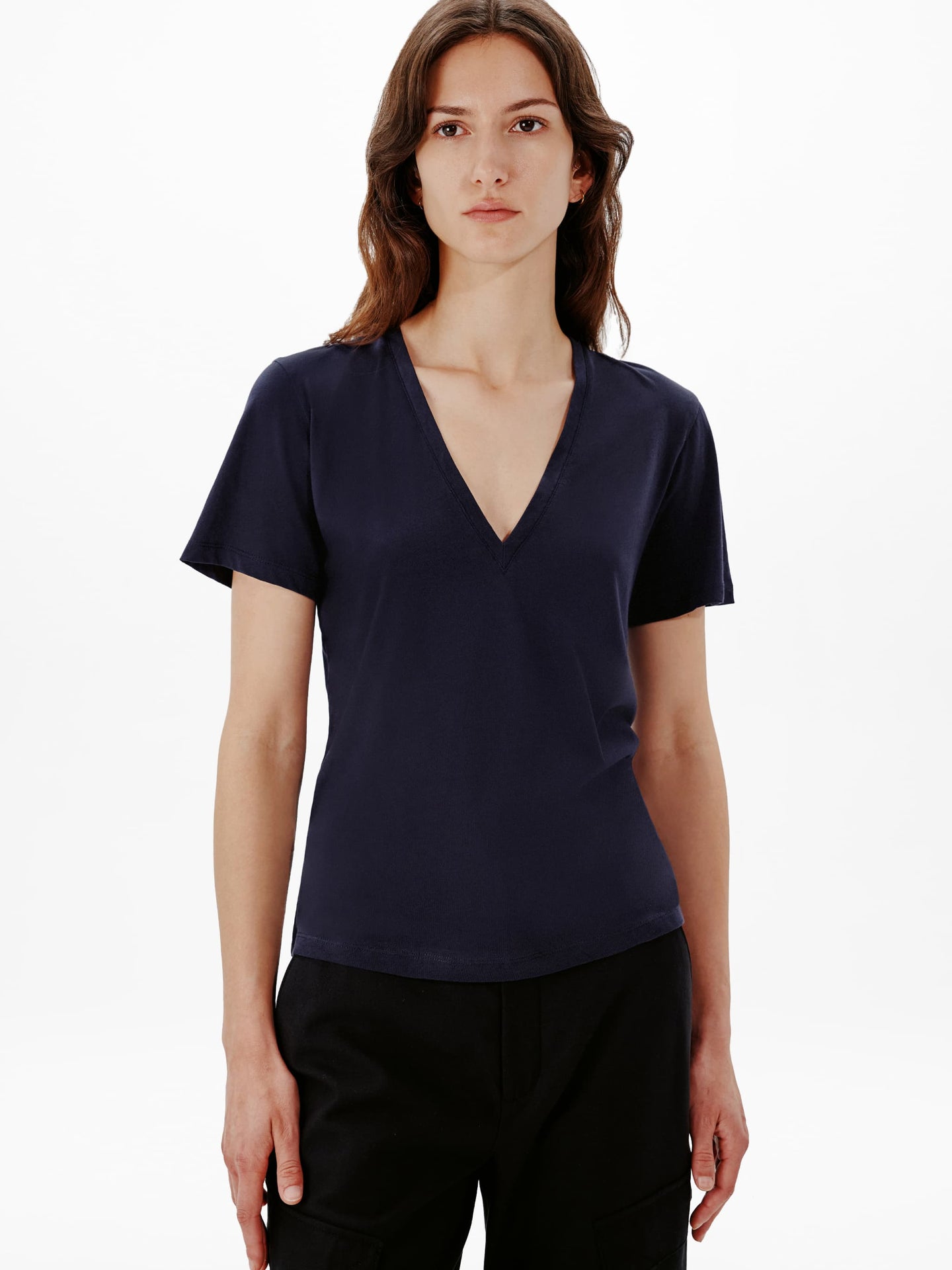 Another Tomorrow V-Neck Tee in Navy – Cotton Women's Top