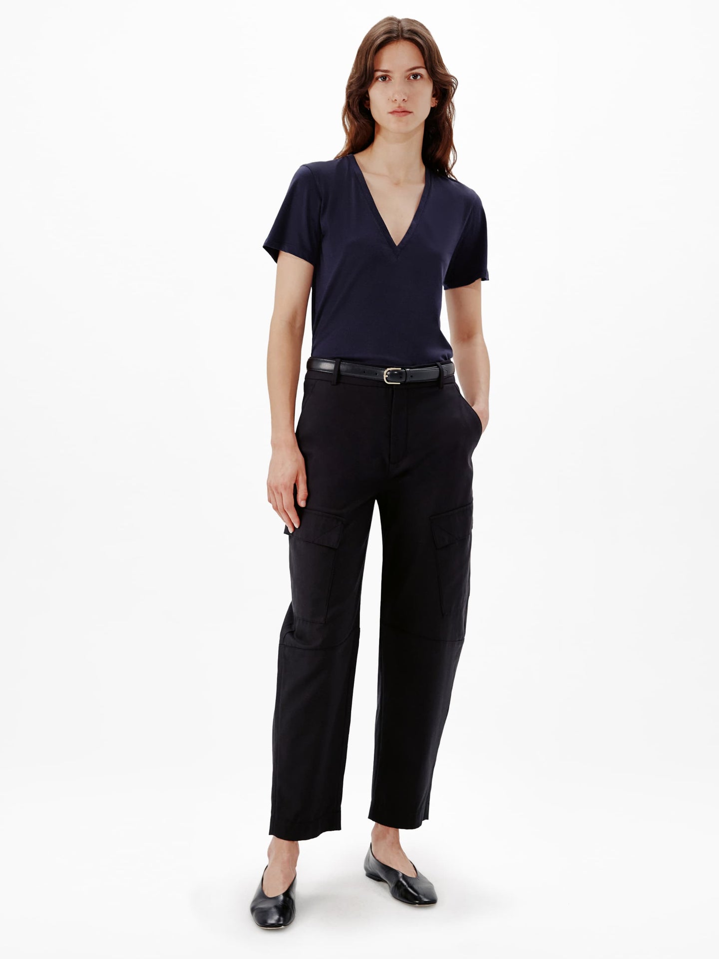 Another Tomorrow V-Neck Tee in Navy – Cotton Women's Top