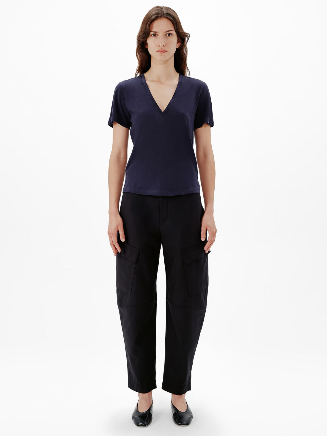 Another Tomorrow V-Neck Tee in Navy – Cotton Women's Top