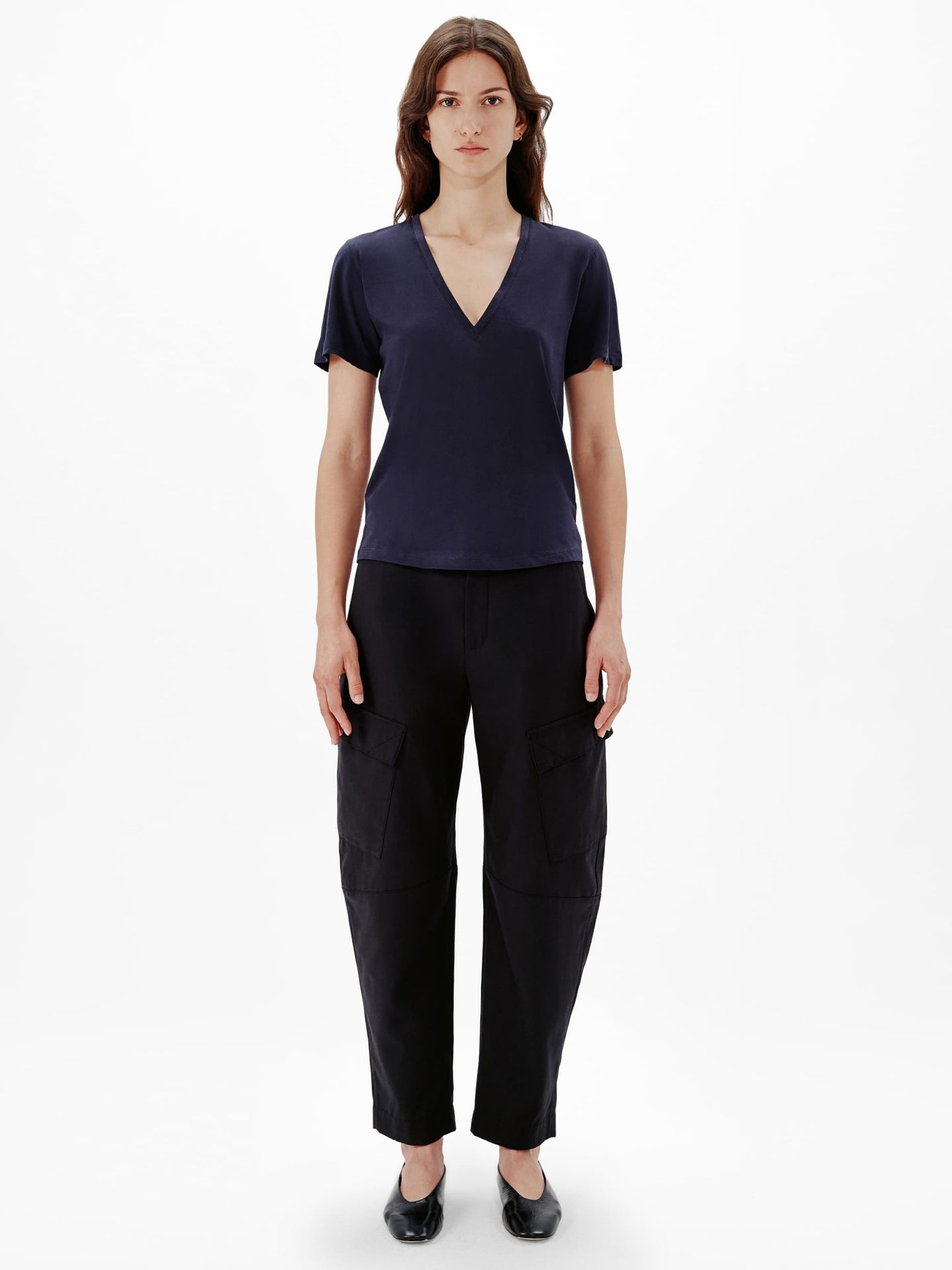 Another Tomorrow V-Neck Tee in Navy – Cotton Women's Top