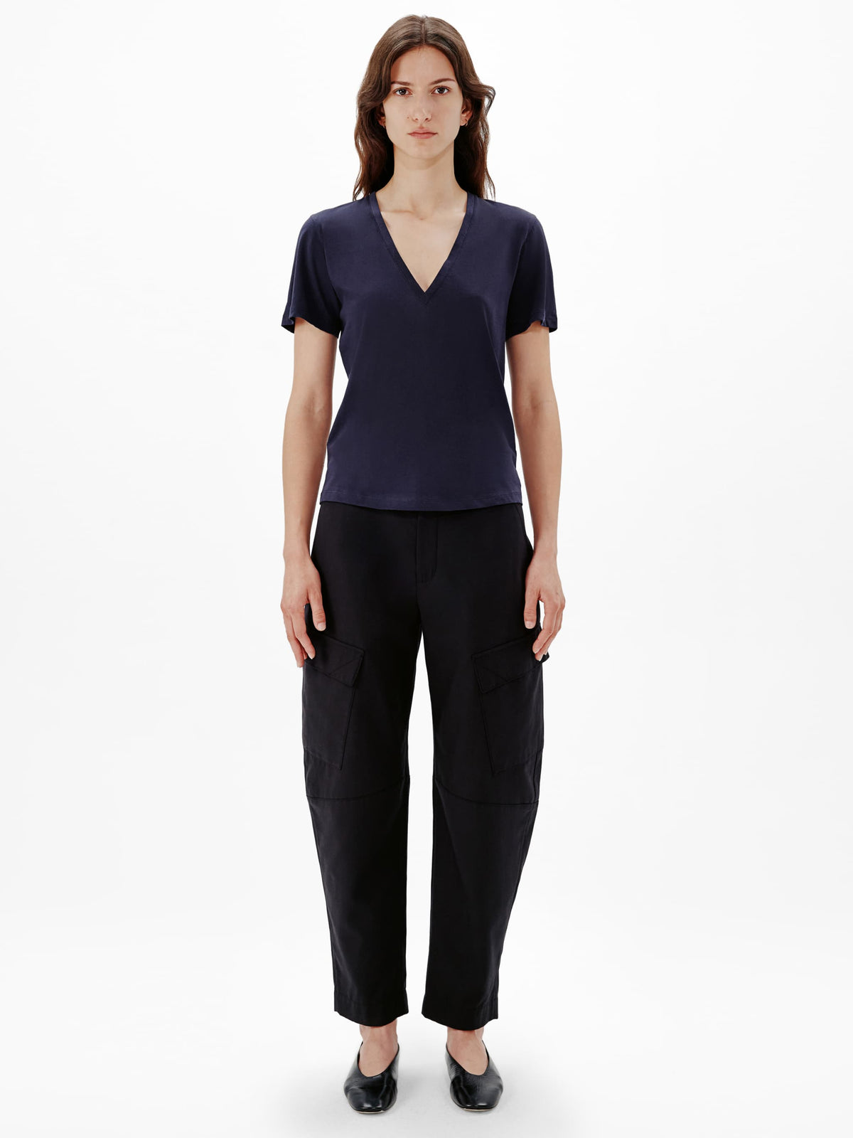 Another Tomorrow V-Neck Tee in Navy – Cotton Women's Top