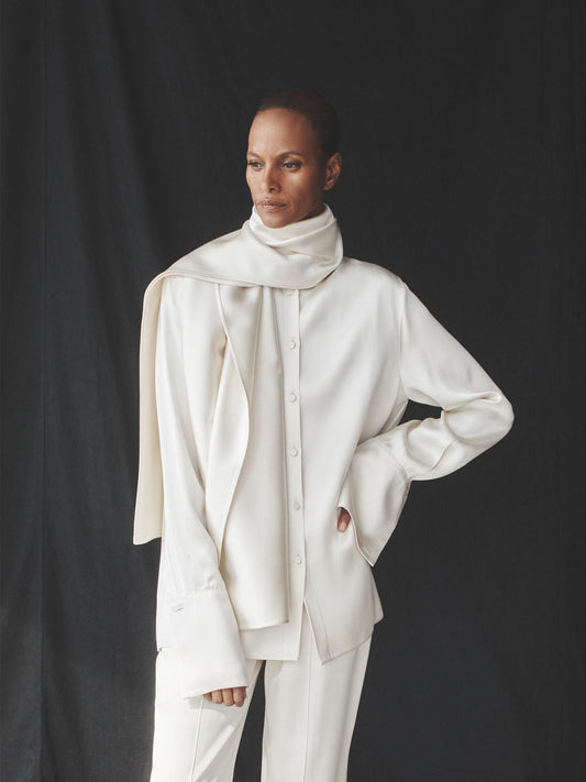 Another Tomorrow Band Collar Blouse With Scarf in Cream – Satin Women's Top