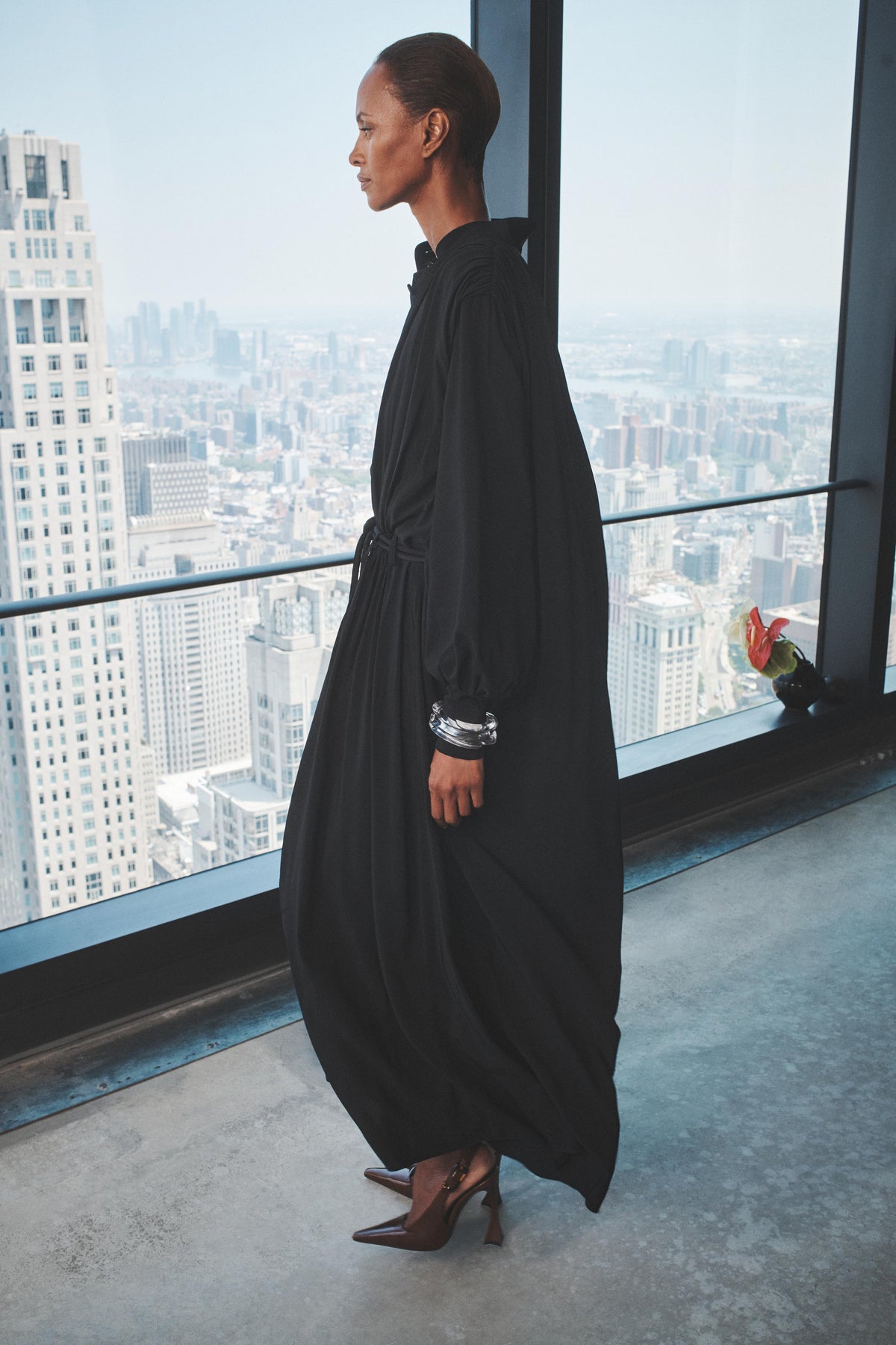 Another Tomorrow Drawstring Shirtdress in Black – Satin Women's Dress