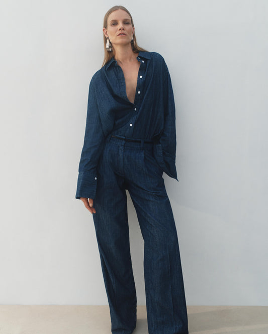 Another Tomorrow Chambray Shirt in Dark Blue – Denim Women's Top