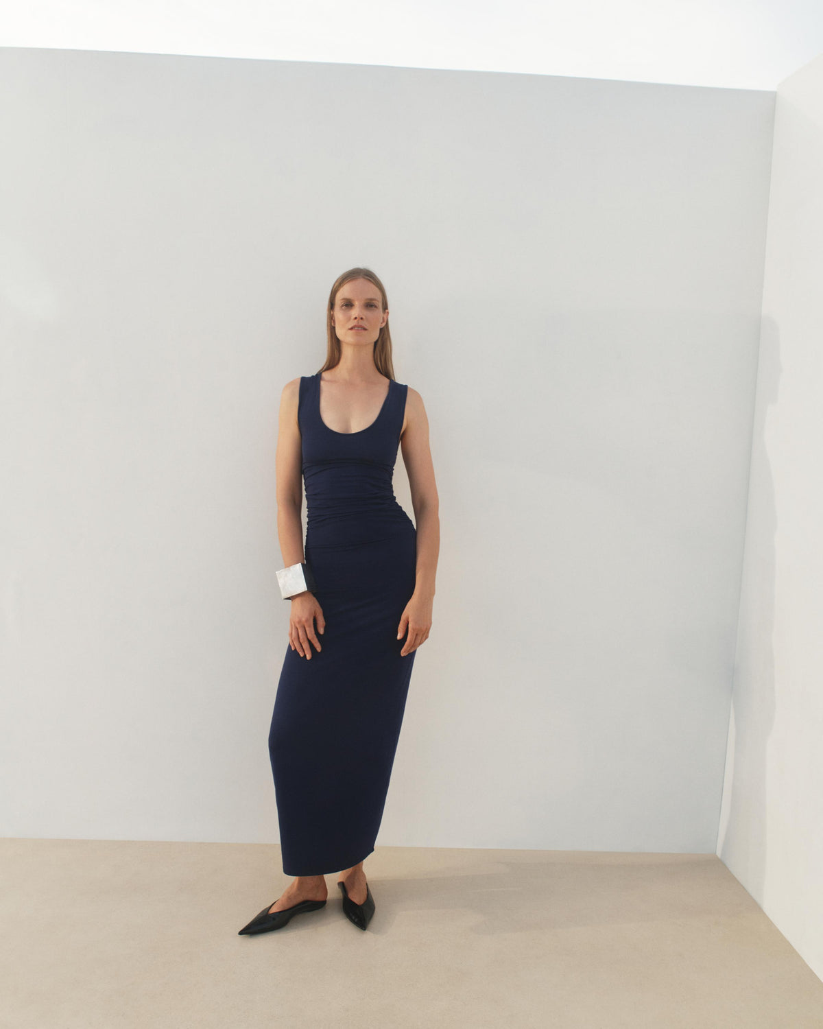 Another Tomorrow Ruched Tank Dress in Indigo – Cotton Women's Dress