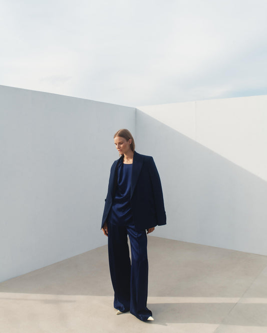 Another Tomorrow Satin Pleated Trouser in Indigo – Satin Women's Trousers