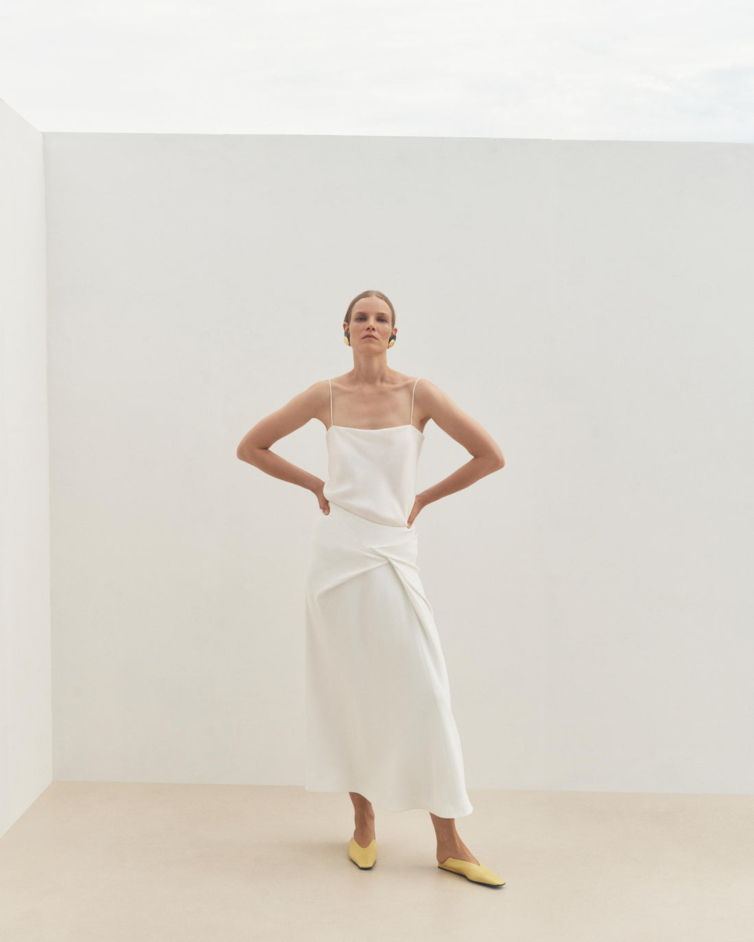 Another Tomorrow Asymmetrical Twist Skirt in Off White – Crêpe Women's Skirt