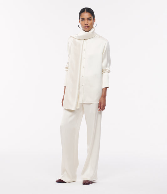 Another Tomorrow Band Collar Blouse With Scarf in Cream – Satin Women's Top